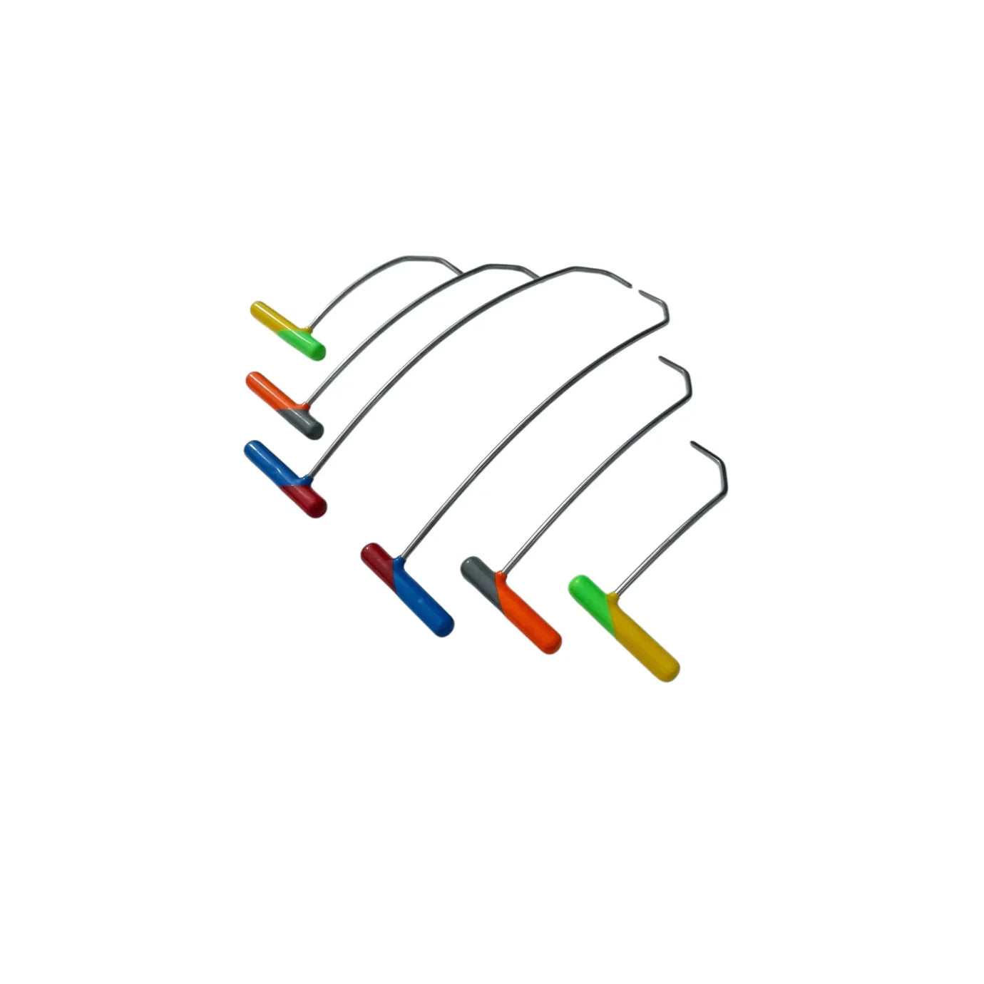 6-piece round tip double bend steel PDR tools for paintless dent repair by Auto Equipment International.