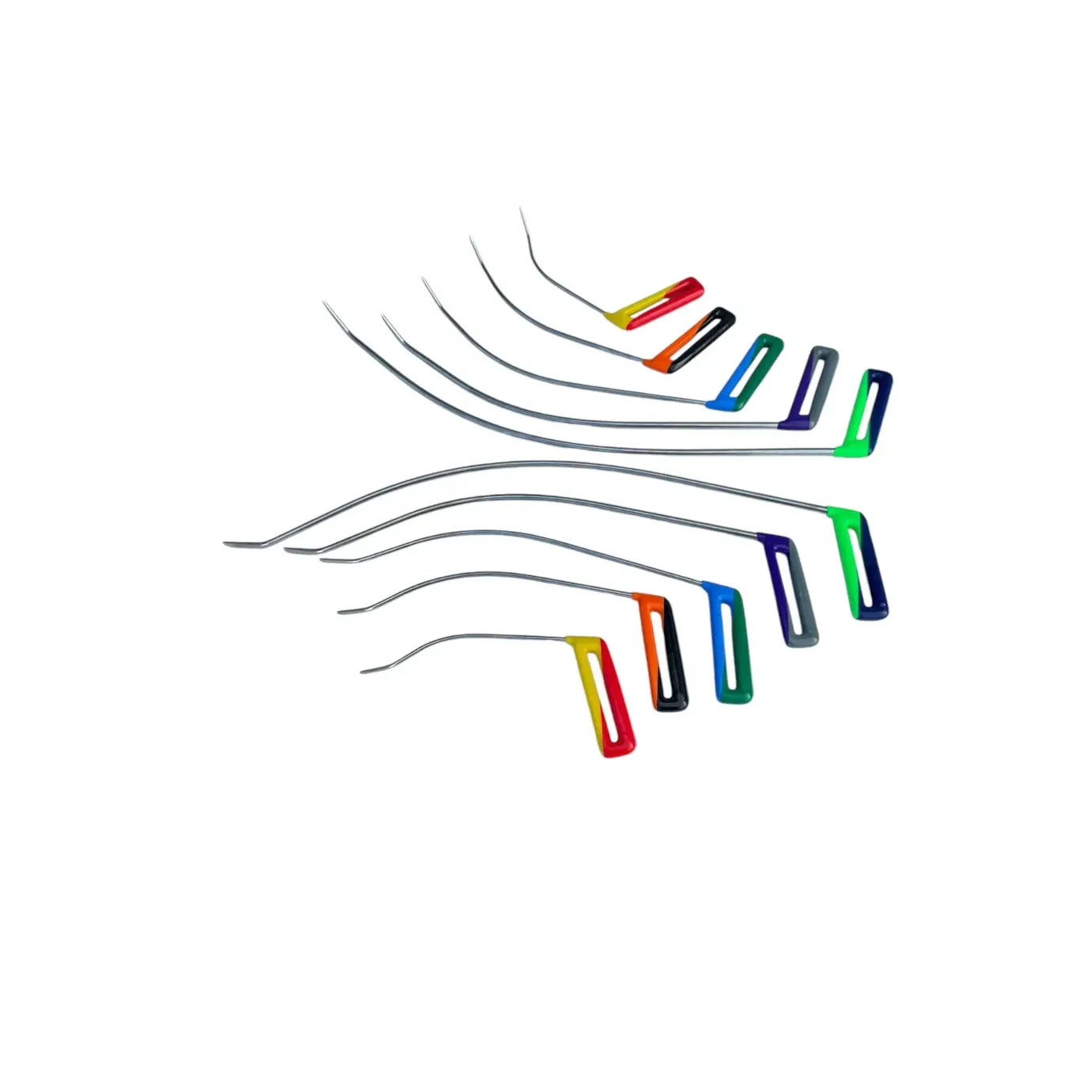 10-piece rainbow-shaped paintless dent repair rod set by Auto Equipment International with double-bend sharp tips.