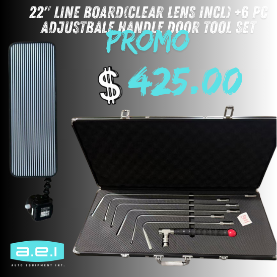 22" cordless LED board and a 6-piece high-carbon door set by Auto Equipment International on a neutral background.