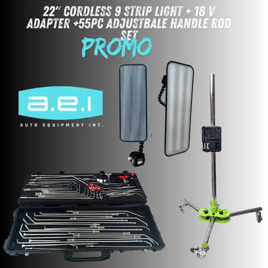 22" cordless LED lamp with adjustable height stand and 55pc hardened steel PDR set by Auto Equipment International.