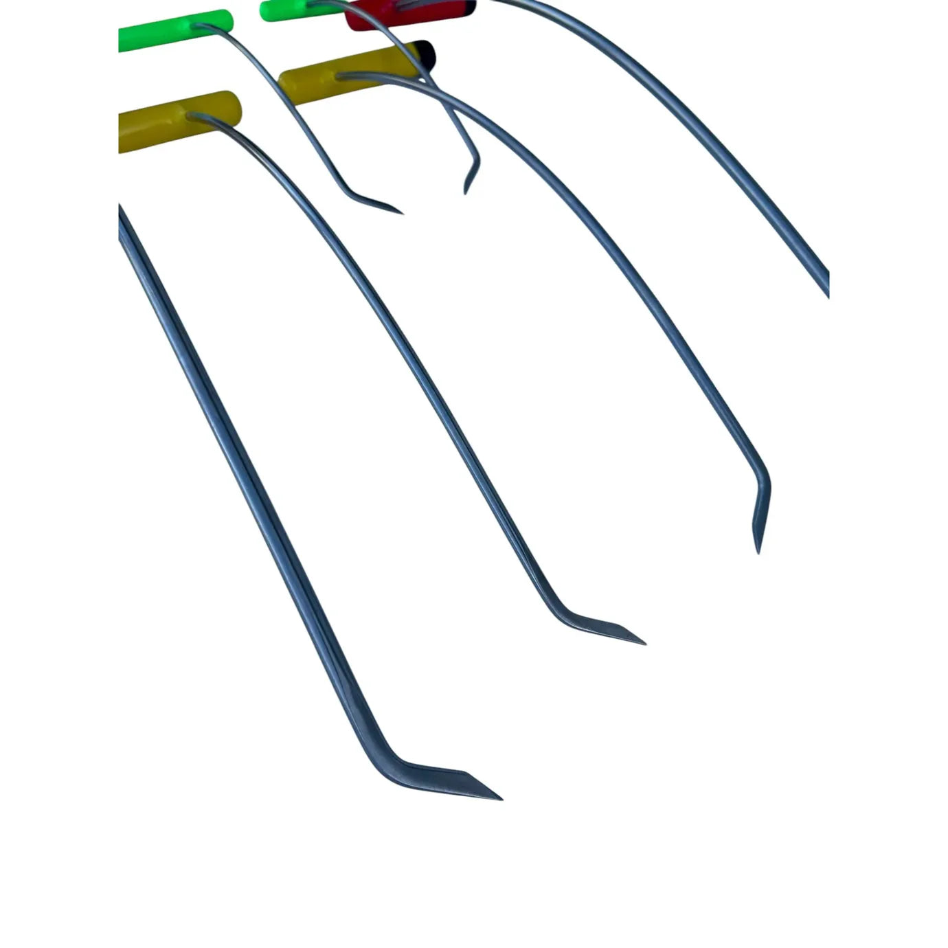 6-piece steel PDR tools set with sharp tips, designed for paintless dent repair, showcasing left and right bends.