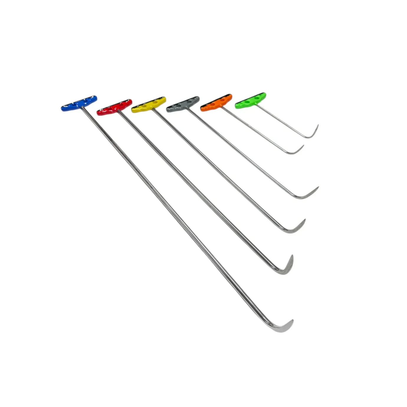 6-piece white steel PDR tools set with sharp tips and single bends, designed for paintless dent repair by Auto Equipment International.