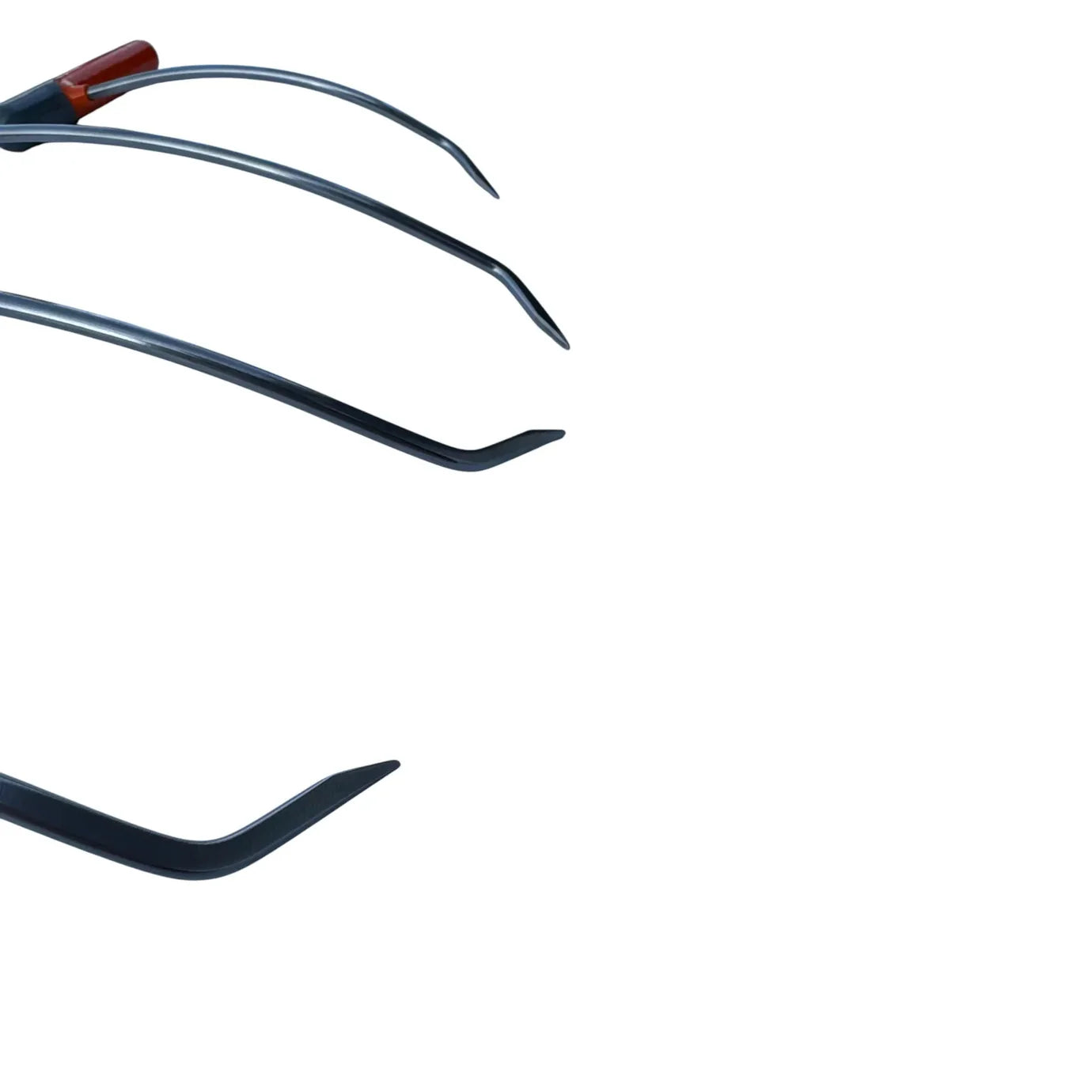 4-piece steel PDR tools in rainbow colors for paintless dent repair, featuring sharp tips and bent ends for easy access.