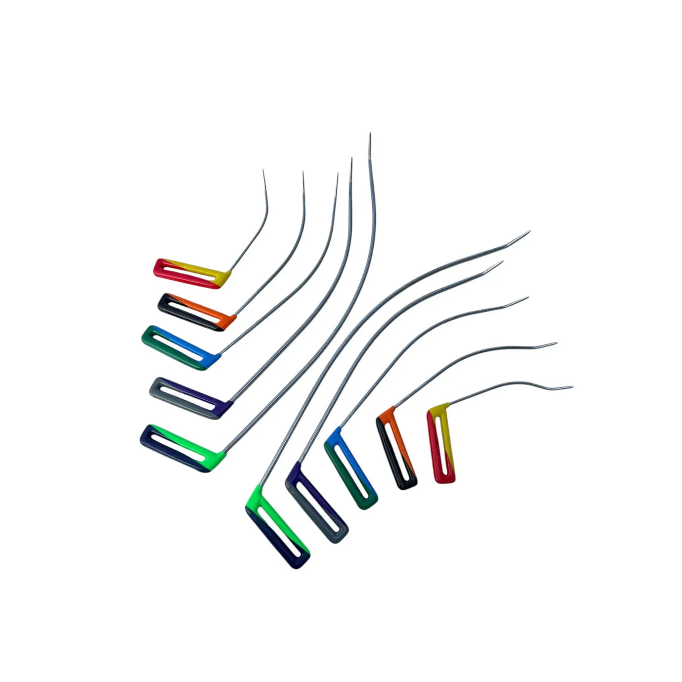 10-piece rainbow-shaped paintless dent repair rod set with double-bend sharp tips by Auto Equipment International.