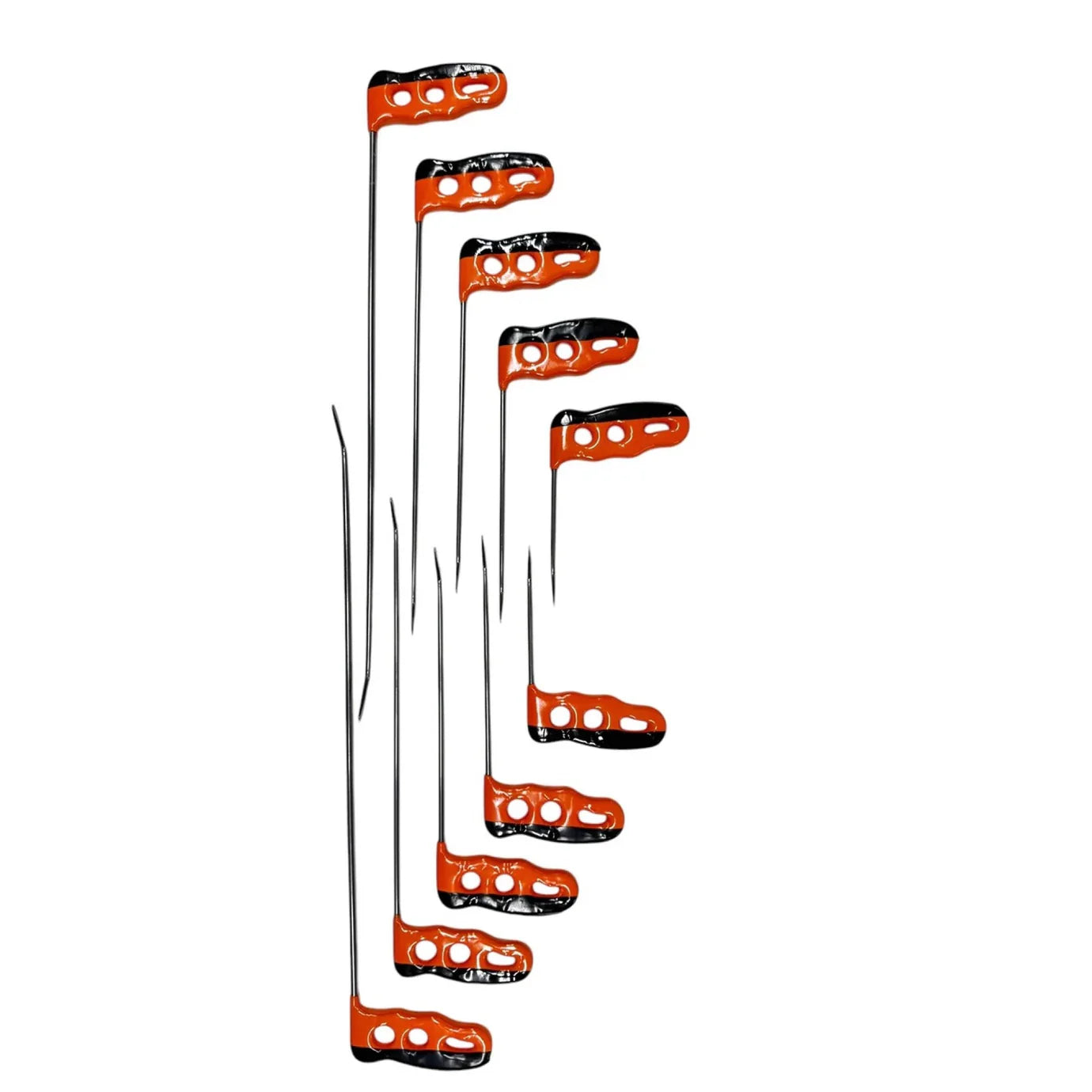 10-piece single-bend round tip paintless dent repair set by Auto Equipment International on a smooth surface.