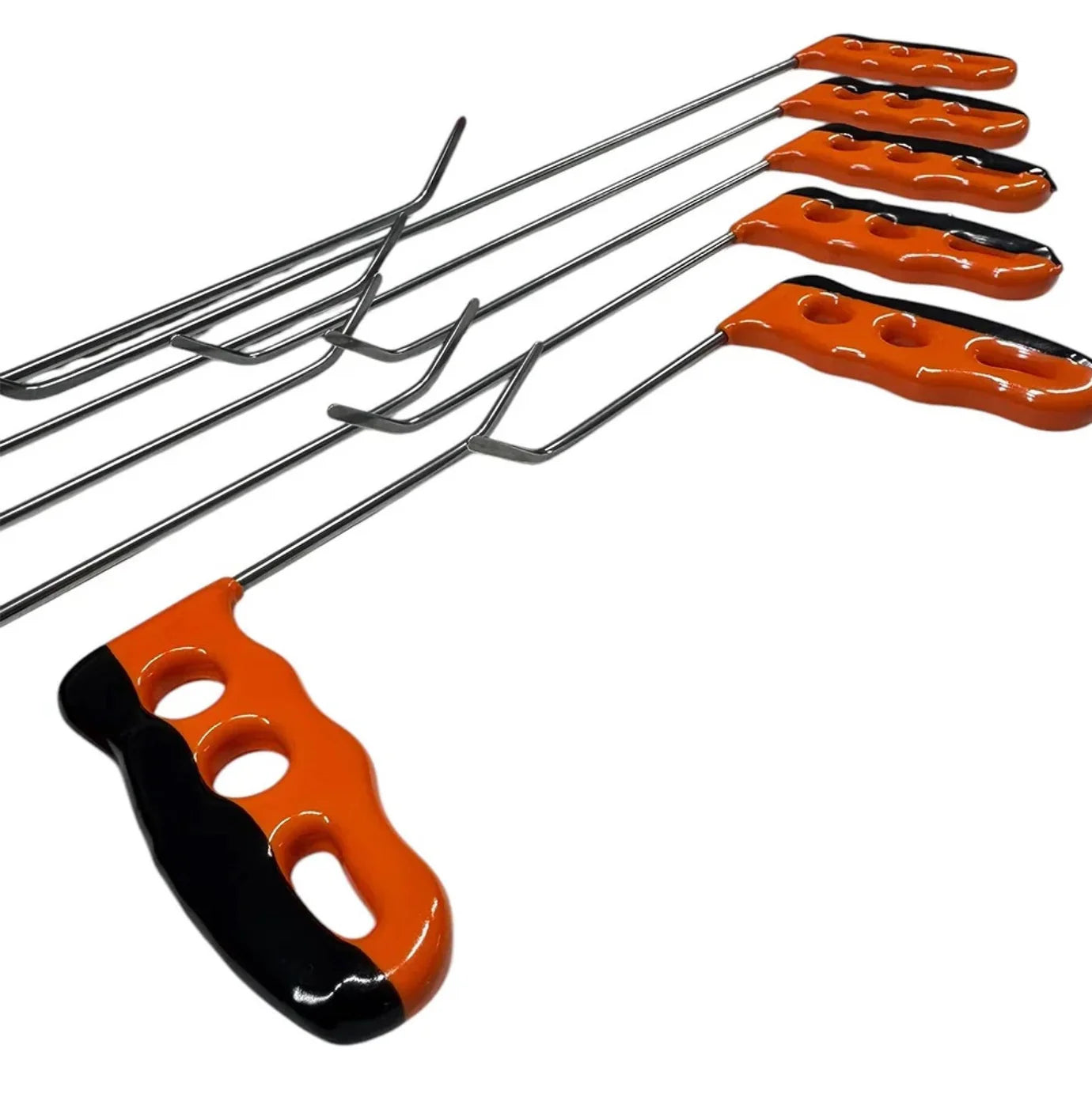 10-piece Auto Equipment International paintless dent repair set with single-bend round tips on a work surface.