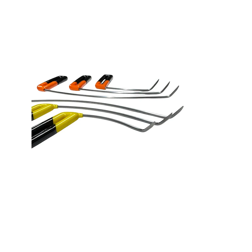 Curved steel tips of T-Handle dent repair rod set by Auto Equipment International, showcasing various rod lengths and shapes.