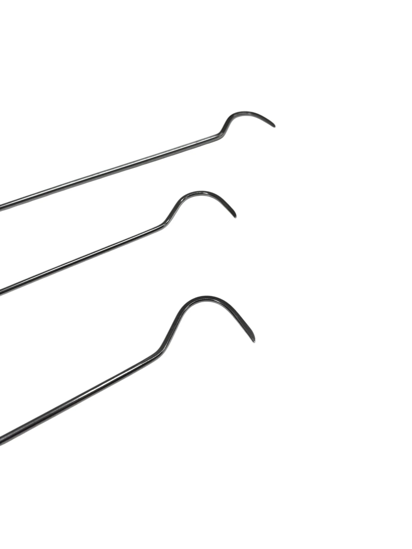 3-piece sharp tip C-bend steel PDR tools for paintless dent repair by Auto Equipment International on a white background.