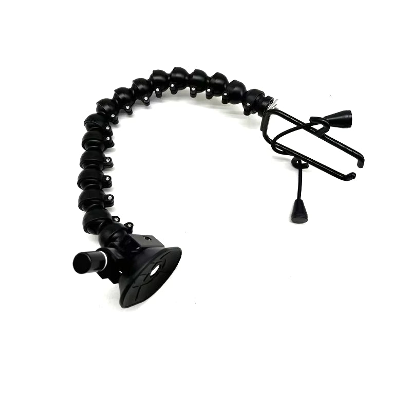 Suction cup snake arm with clamp by Auto Equipment International, showcasing flexible positioning and sturdy grip in use.