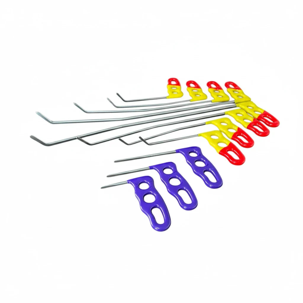 11-piece dent rod set from Auto Equipment International, featuring various lengths and shapes for automotive repair tasks.