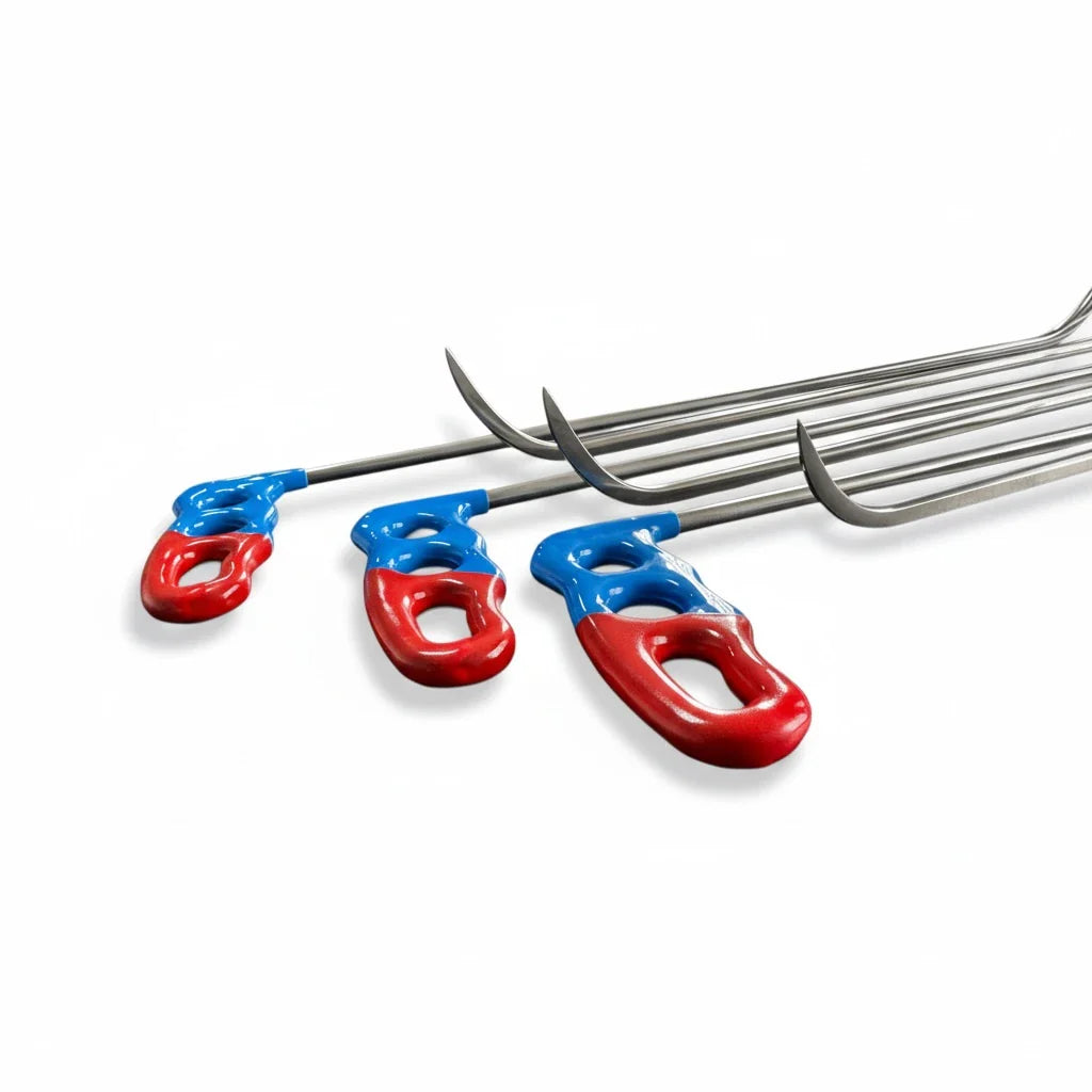 6-piece Aussie rod set by Auto Equipment International with 12", 18", and 24" left and right tools displayed on a surface.